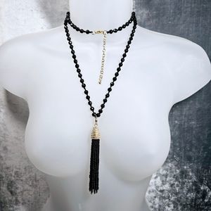 Tassel Necklace Black Facet Glass Bead Gold Tone Fringe Long Elegant Boho Lariat